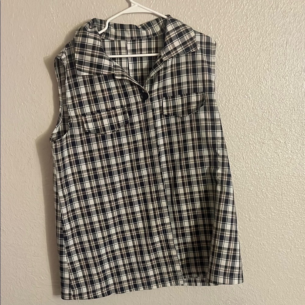 Women’s Blue/Brown and White Plaid Sleeveless Shirt